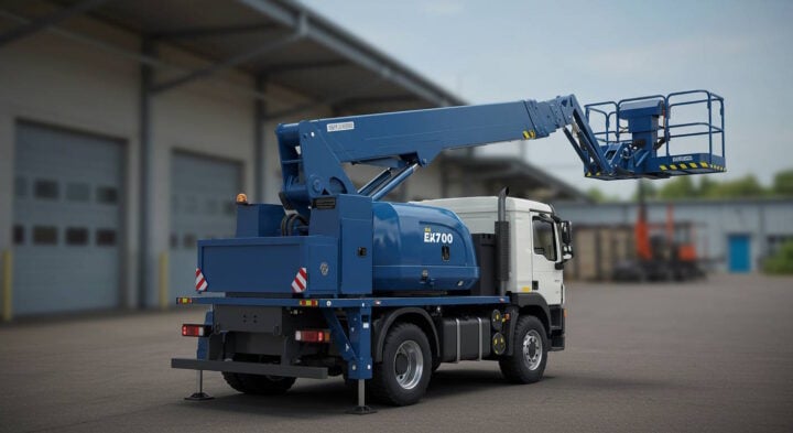Blue truck-mounted aerial work platform with extended boom lift, parked in an industrial setting.