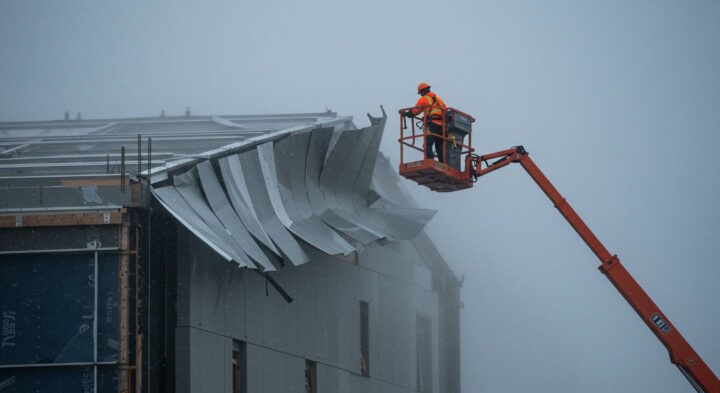 Construction worker in a safety harness on a boom lift inspecting damaged metal panels on a building facade during foggy weather.