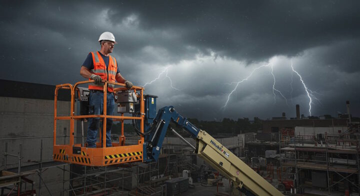 Construction worker in a safety harness on a boom lift during a thunderstorm with lightning striking in the background.