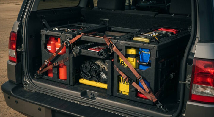 Rear cargo area of an SUV packed with a modular storage system containing neatly secured off-road and camping gear. Items include water bottles, recovery tools, gloves, a portable air compressor, and utility containers, all strapped in with brown tie-downs for stability.
