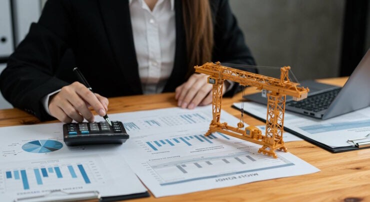 A businesswoman in a black suit working at a desk with a calculator, financial charts, and a laptop. A miniature crane model sits on top of printed bar and pie charts, symbolizing construction budgeting, project planning, or real estate investment analysis.