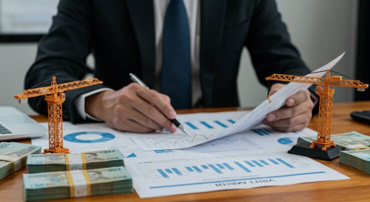 A businessman in a dark suit analyzing financial charts at a desk, surrounded by documents, graphs, model construction cranes, and stacks of currency. The setup symbolizes investment planning or financial forecasting in the construction or real estate development sector.