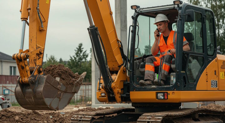 Construction worker in a safety vest and hard hat operating a yellow excavator while speaking on a phone at a construction site.