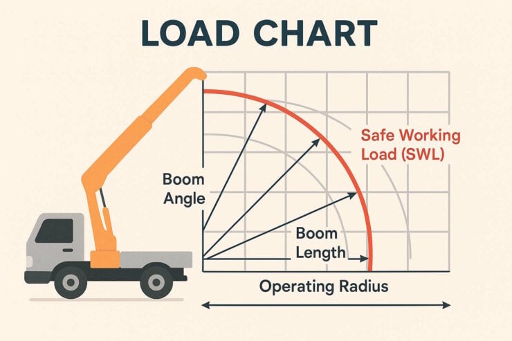 Illustration of a crane load chart showing a vehicle-mounted crane with its boom extended. The diagram highlights key parameters including boom angle, boom length, and operating radius. A curved red line marks the Safe Working Load (SWL) limits across the charted area.