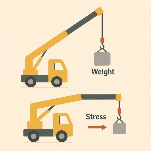 Two illustrations of a mobile crane: the top image shows a crane lifting a load vertically labeled “Weight,” indicating the downward force. The bottom image shows the same load lifted at a more horizontal angle with an arrow pointing outward labeled “Stress,” illustrating how stress increases with extension due to leverage and boom angle.