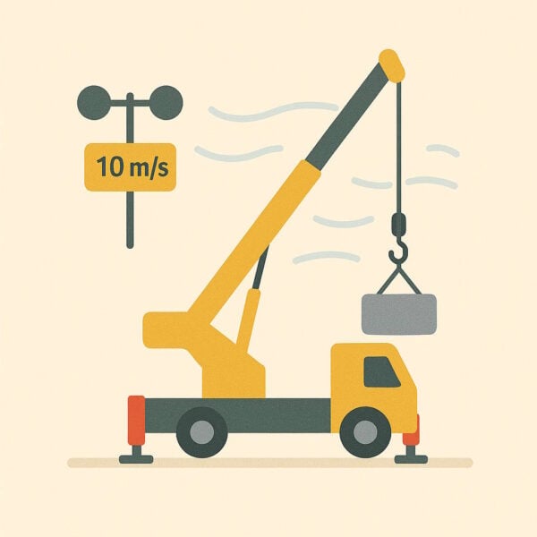 Illustration of a mobile crane lifting a load while wind blows across the scene. A nearby anemometer displays a wind speed of 10 meters per second (10 m/s). The image emphasizes the importance of monitoring wind conditions during crane operations for safety.
