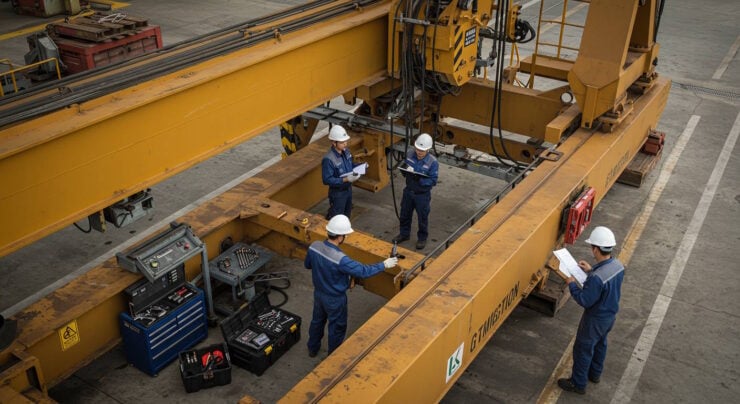 Four engineers in blue uniforms and white safety helmets are inspecting a large yellow gantry crane inside an industrial facility. They are surrounded by toolboxes and technical equipment, taking notes and communicating with each other during a maintenance or safety inspection process.