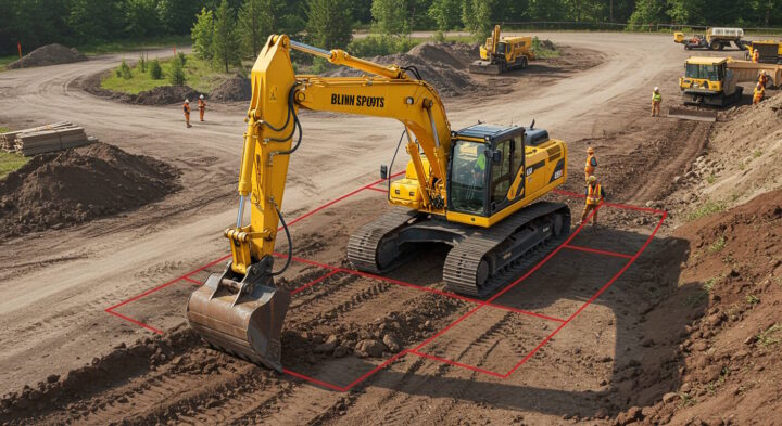 A yellow excavator labeled 'BLINN SPOTS' operates in a designated work area marked with red boundary lines at a construction site. Several workers in high-visibility gear and hard hats stand nearby, while additional construction vehicles and dirt piles are visible in the background.
