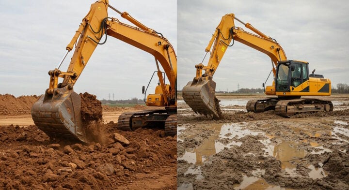 A side-by-side comparison of an excavator operating in two different terrains. On the left, the machine is digging through dry, compact soil, while on the right, it is working in a muddy, waterlogged environment, showcasing the challenges of construction site conditions.