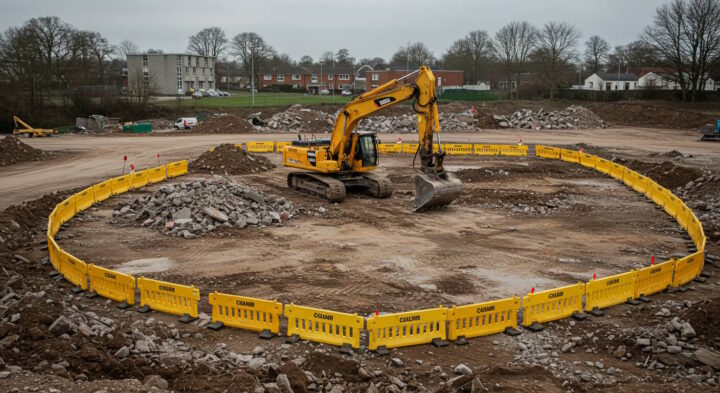A yellow excavator operates within a circular area enclosed by bright yellow safety barriers at a construction site. Piles of rubble and dirt surround the excavator, while residential buildings and trees are visible in the background under an overcast sky.