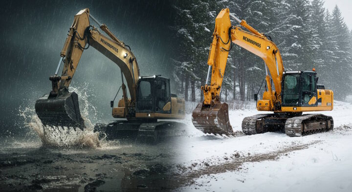 A dramatic split-image of an excavator operating in two extreme weather conditions. On the left, the machine is digging through muddy terrain in heavy rain, with water splashing from its bucket. On the right, the same excavator is working in a snowy landscape, surrounded by snow-covered trees. The image highlights the machine's adaptability to different environments.