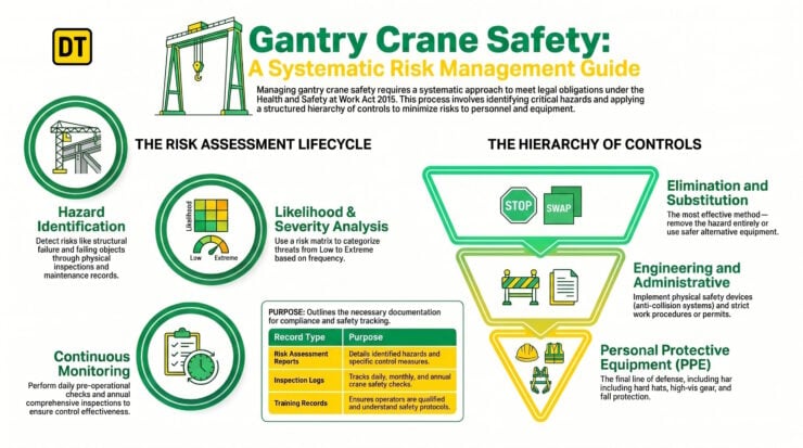 Infographic showing how to manage risk when using a gantry crane