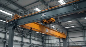 Overhead gantry crane inside an industrial warehouse, featuring a large yellow beam with a hoist mechanism, suspended from a grey structural support.