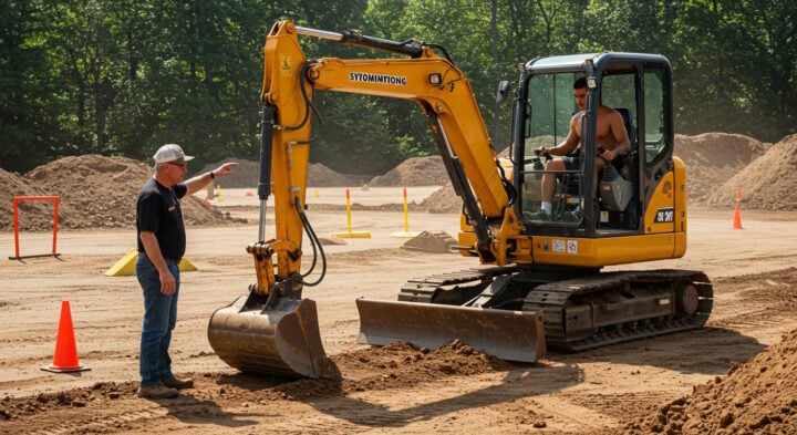 A construction training session taking place outdoors during the daytime. A man wearing a black t-shirt, jeans, and a white cap is giving instructions to a trainee operating a yellow mini excavator. The trainee, wearing shorts and no shirt, is seated in the excavator's cab, handling the controls. The ground is covered in dirt, with orange traffic cones, yellow markers, and dirt mounds in the background, indicating a training course.