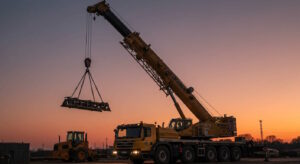 A large yellow mobile crane is lifting a heavy steel framework at a construction site during sunset. The crane is fully extended, and the load is suspended by multiple chains for balanced hoisting. A bulldozer is parked nearby, and the sky is lit with hues of orange and purple, creating a dramatic backdrop. The scene captures the power and precision of heavy equipment in industrial operations.