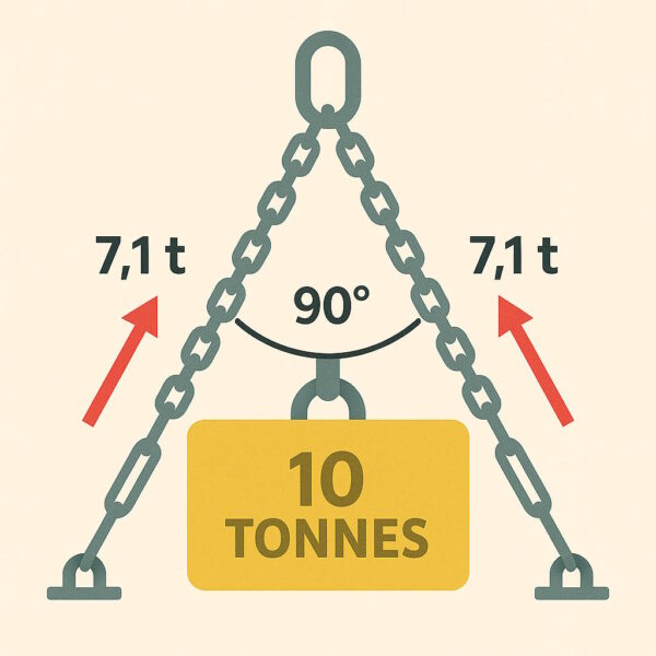 Illustration of a 10-tonne load being lifted with two chains at a 90° sling angle. Each chain carries a force of 7.1 tonnes, represented by red arrows. The diagram highlights how load is distributed between lifting points based on the angle of the slings.