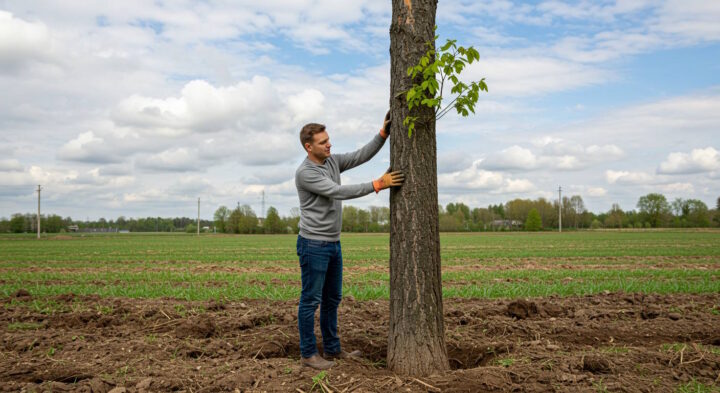 Man wearing gloves inspecting a young tree in a rural field under a partly cloudy sky.