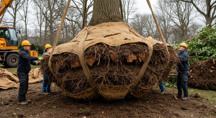 Workers in safety gear securing a large tree with exposed roots wrapped in burlap, preparing for relocation using a crane.