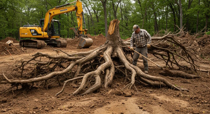Worker inspecting a large uprooted tree with exposed roots at a construction site, with an excavator in the background.