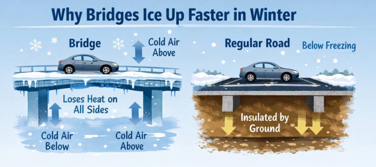 Diagram showing why bridges ice up faster than roads in winter due to cold air above and below