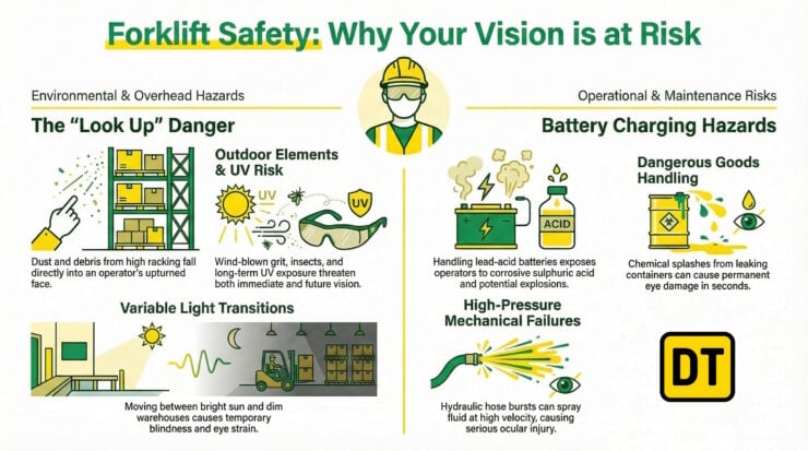 Infographic explaining how to keep your eyes safe when operating a forklift