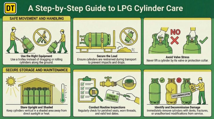 Infographic explaining LPG cylinder care in simple graphics for forklift operators