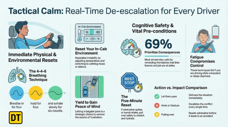 Infographic showing real-time de-escalation for drivers in road rage situations