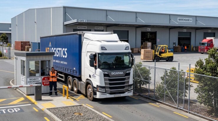 Truck exiting a security checkpoint at a large logistics company