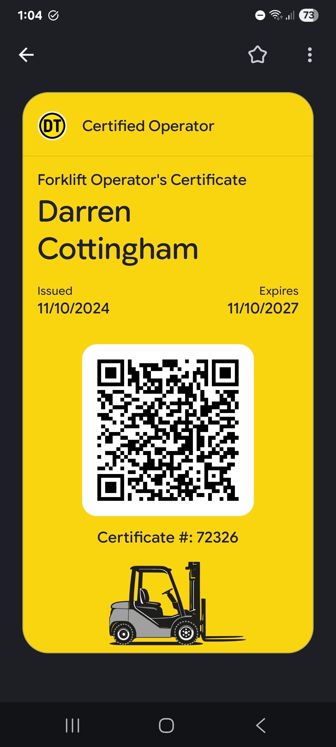 ID card stored in Google or Apple wallet to prove forklift currency on site