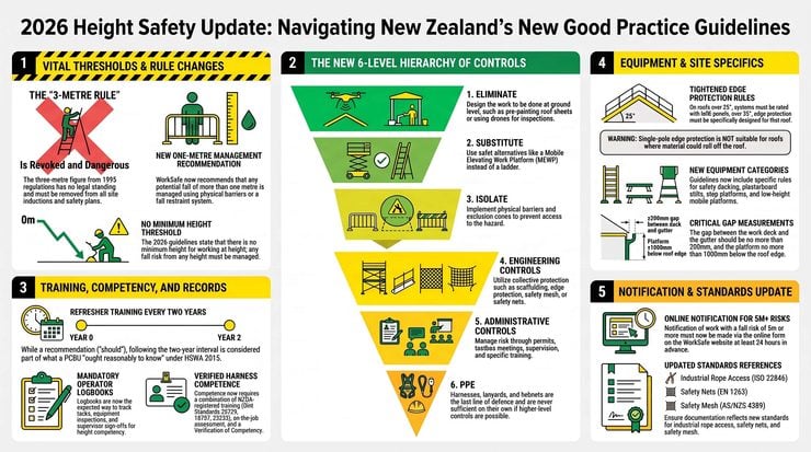 Infographic showing updates in the 2026 Good Practice Guide for working at heights, published by WorkSafe.