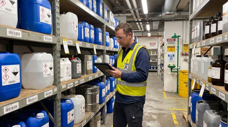 A man updates a hazardous substances inventory in a chemical storeroom